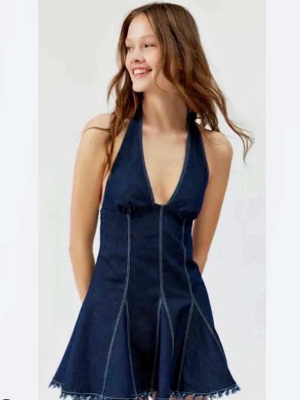 NWT Urban Outfitters Kimchi Blue Dark Wash Denim Halter One-Piece Mini Dress